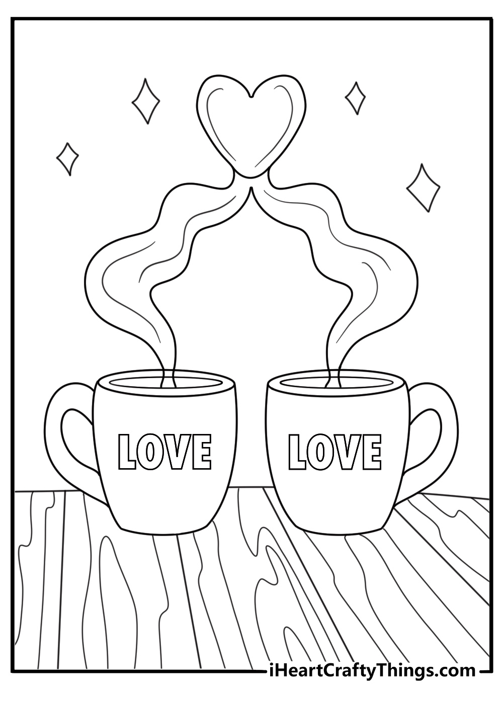 Two cocoa mugs with steam spelling love cozy coloring page for kids