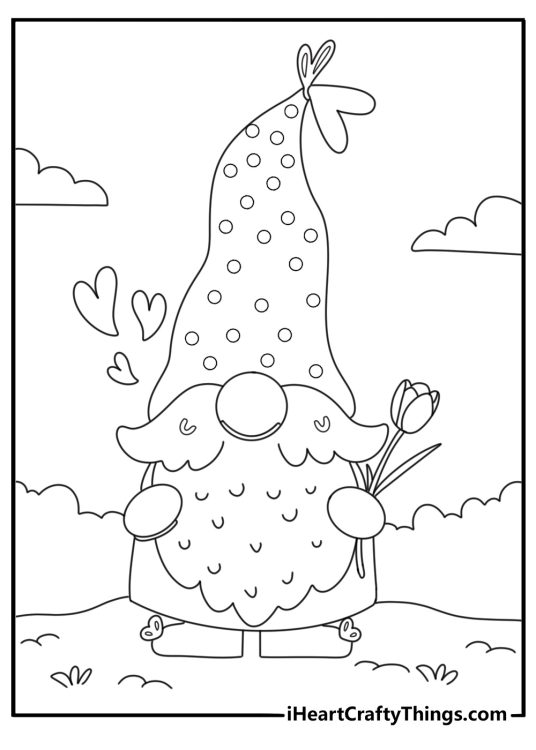 Valentine gnome with tall hat holding a tulip kawaii coloring page
