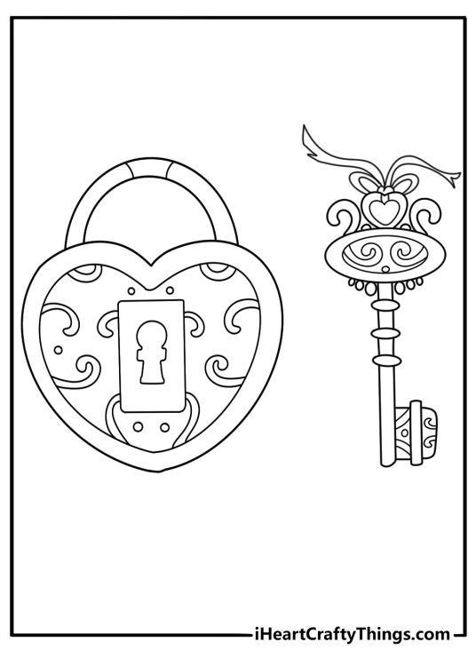 Vintage key and lock with ribbon detailed coloring page for adults