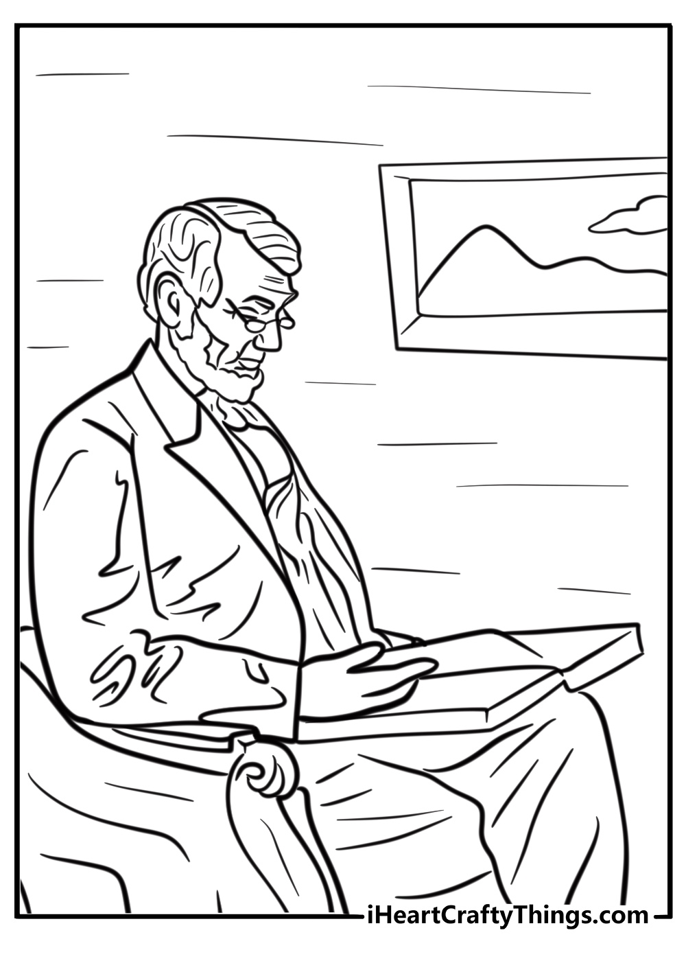 Abraham Lincoln reading a book detailed coloring sheet