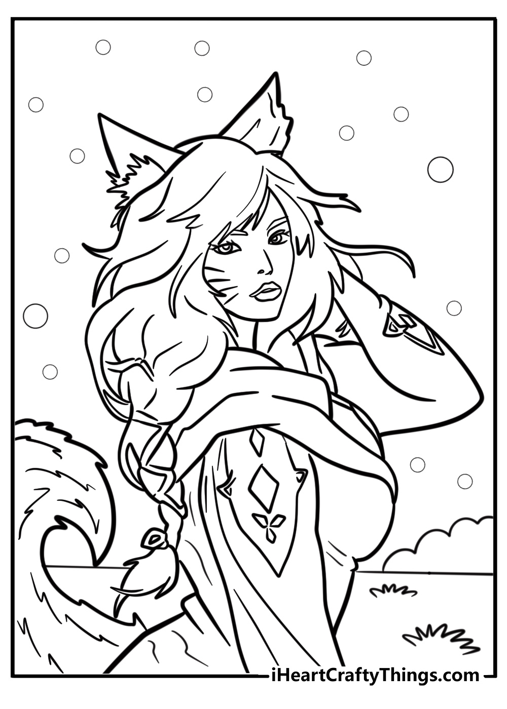 Ahri with fox tails in a free printable lol coloring sheet for fans