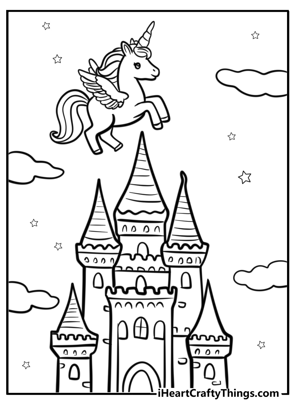 Alicorn flying above a castle free coloring page pdf