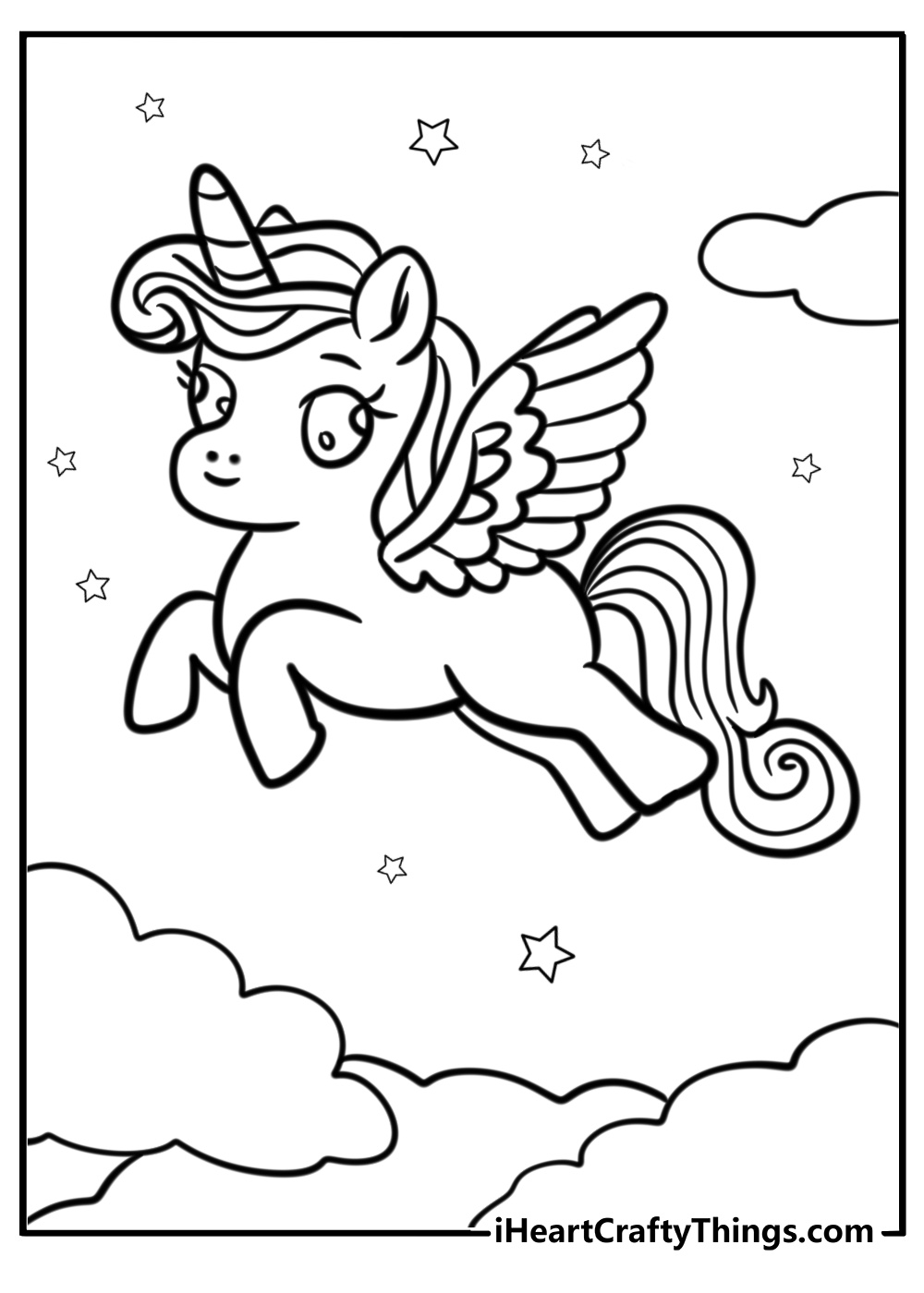 Alicorn flying above the clouds free coloring page pdf