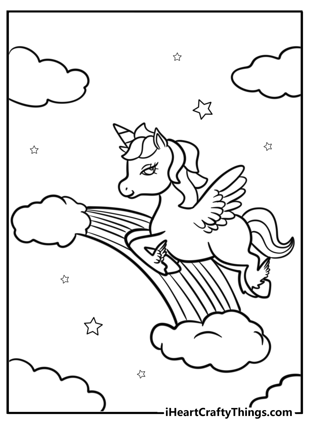 Alicorn flying over a rainbow fun coloring sheet