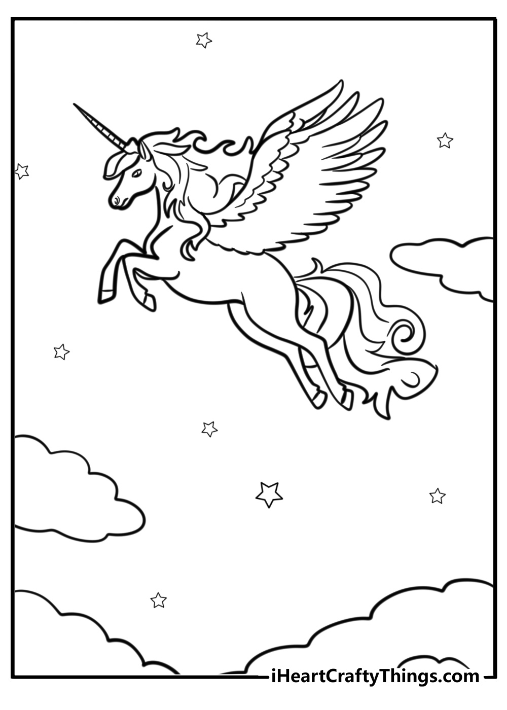 Alicorn flying through the sky coloring page for kids