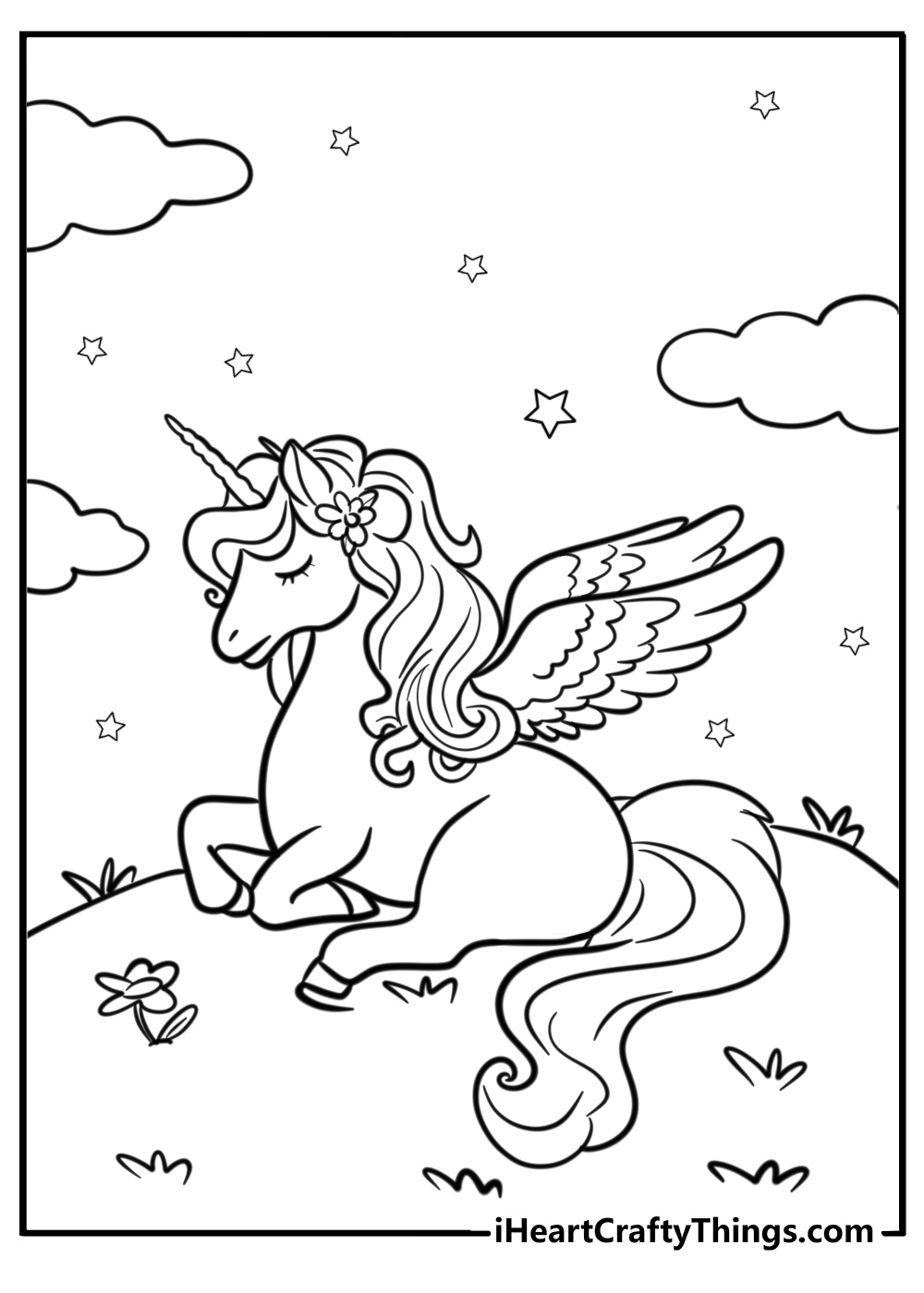 Alicorn resting on a hill fun printable coloring sheet