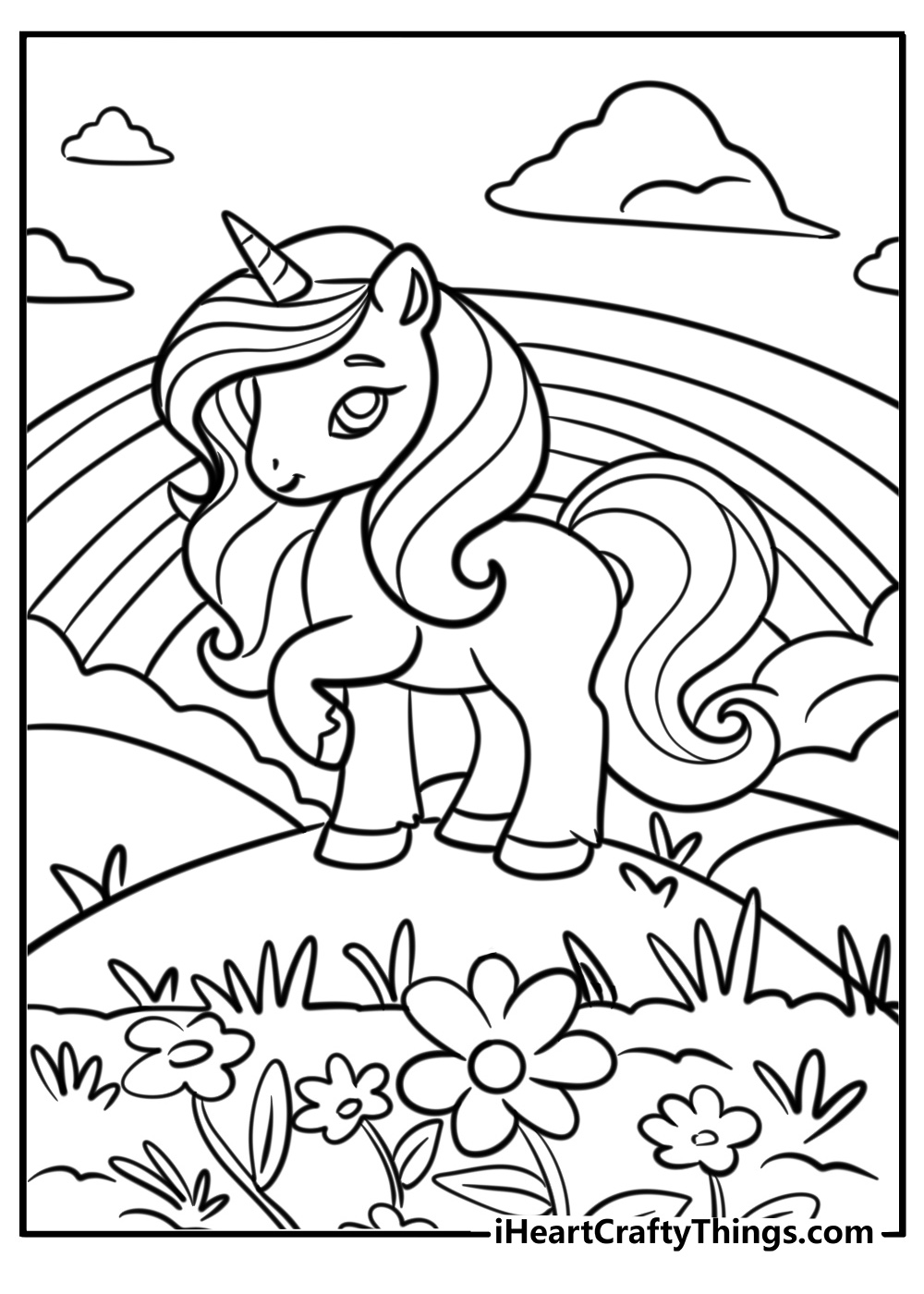 Alicorn running through a magical meadow coloring sheet