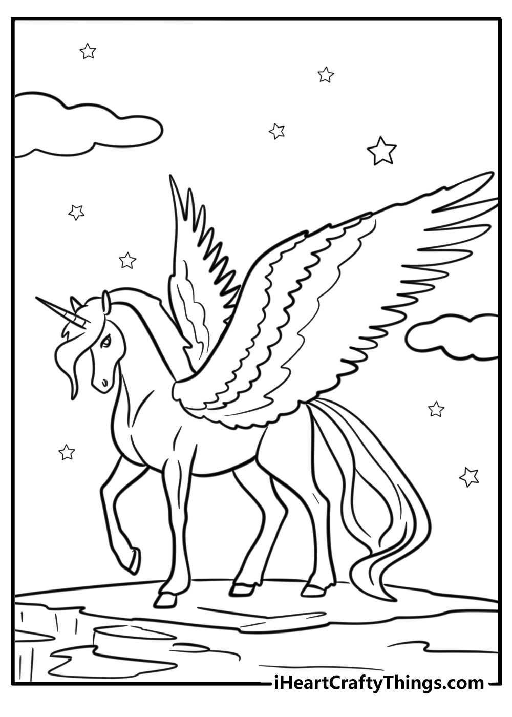 Alicorn standing tall under a bright sky coloring page