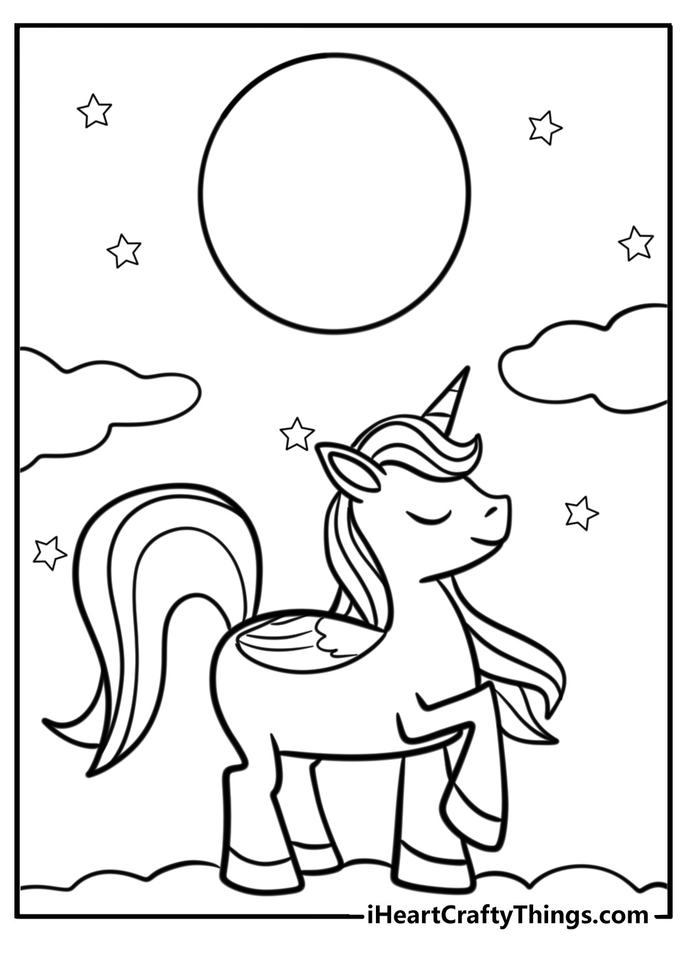 Alicorn standing under a bright moon printable coloring page