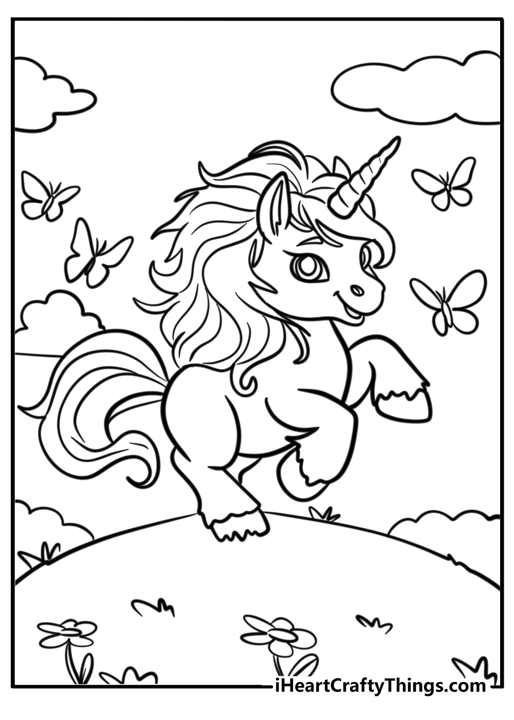 Alicorn surrounded by butterflies coloring sheet