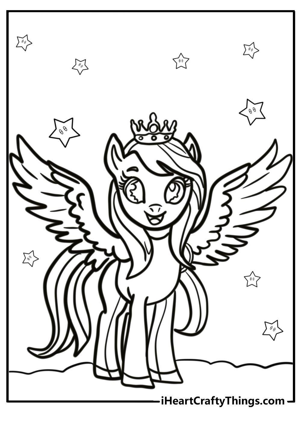 Alicorn with a crown and rainbow mane fun coloring sheet