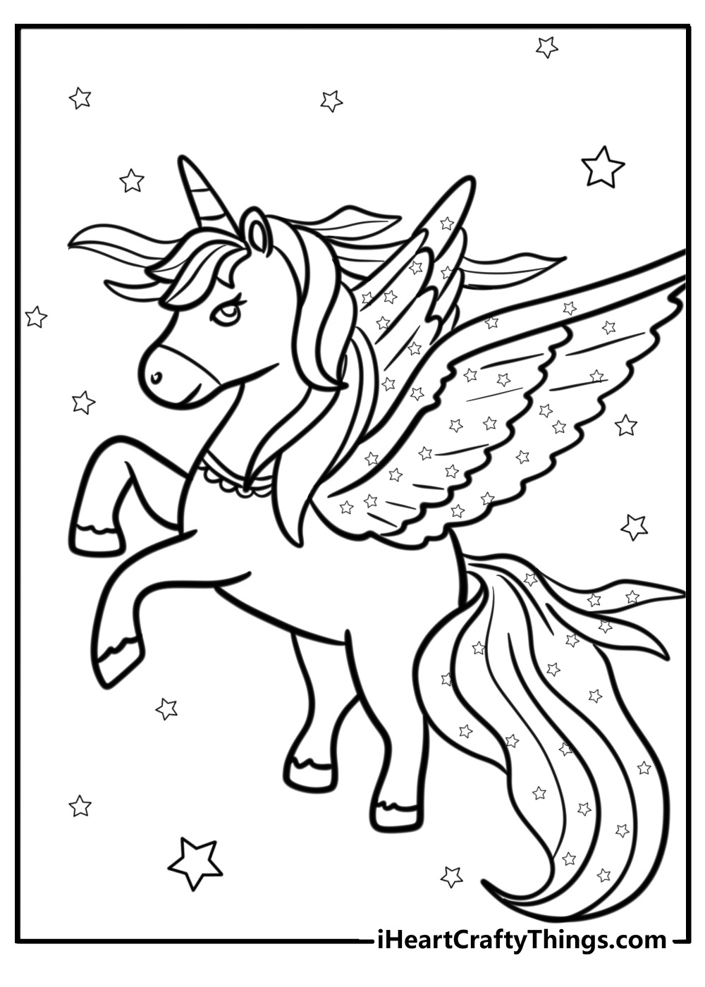 Alicorn with a golden horn flying high free coloring page