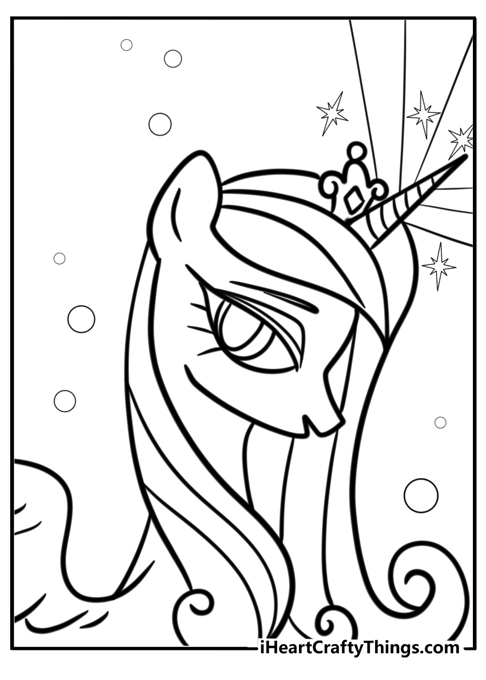 Alicorn with a shining horn free printable coloring page