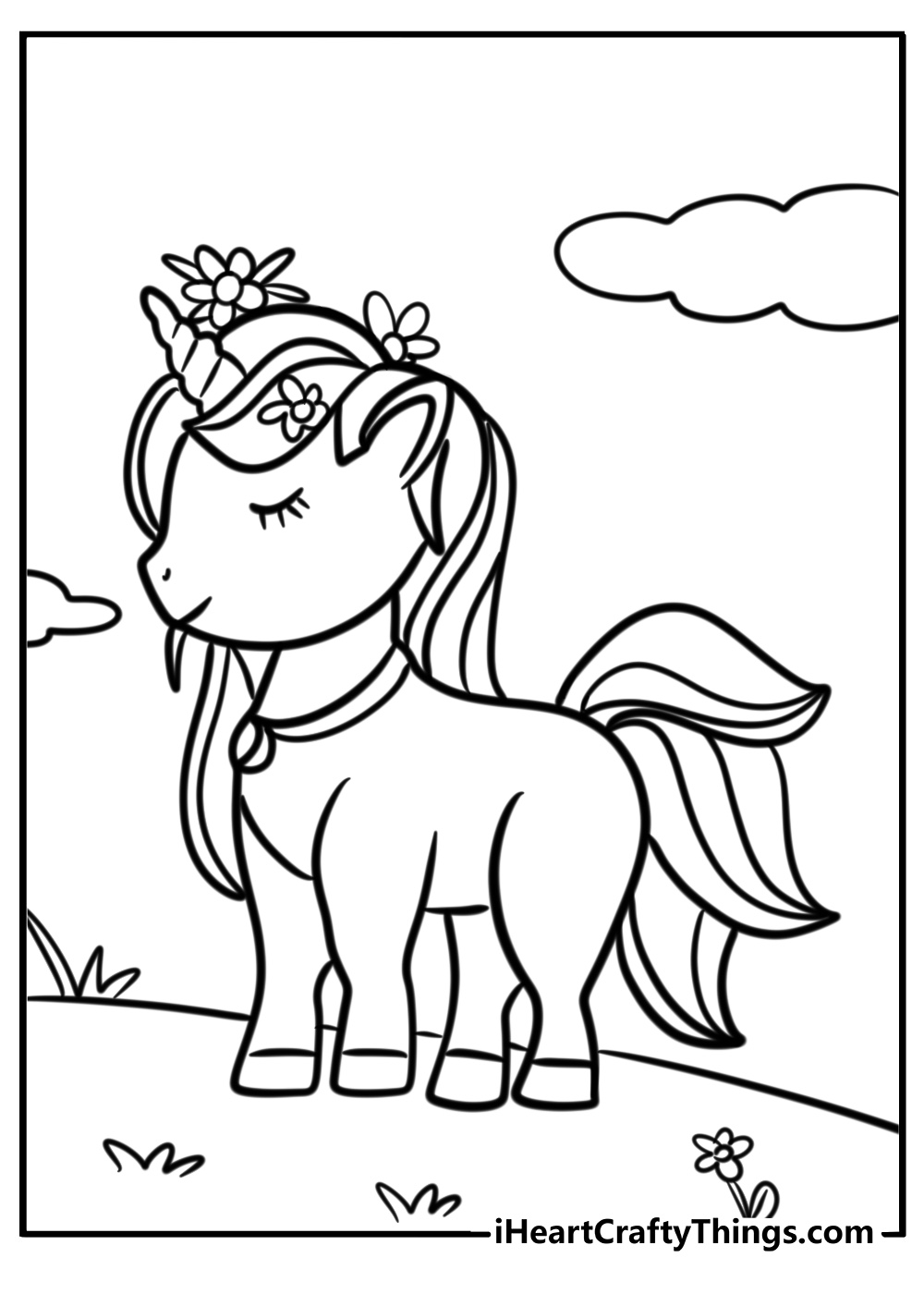 Alicorn with flowers in its mane detailed coloring page