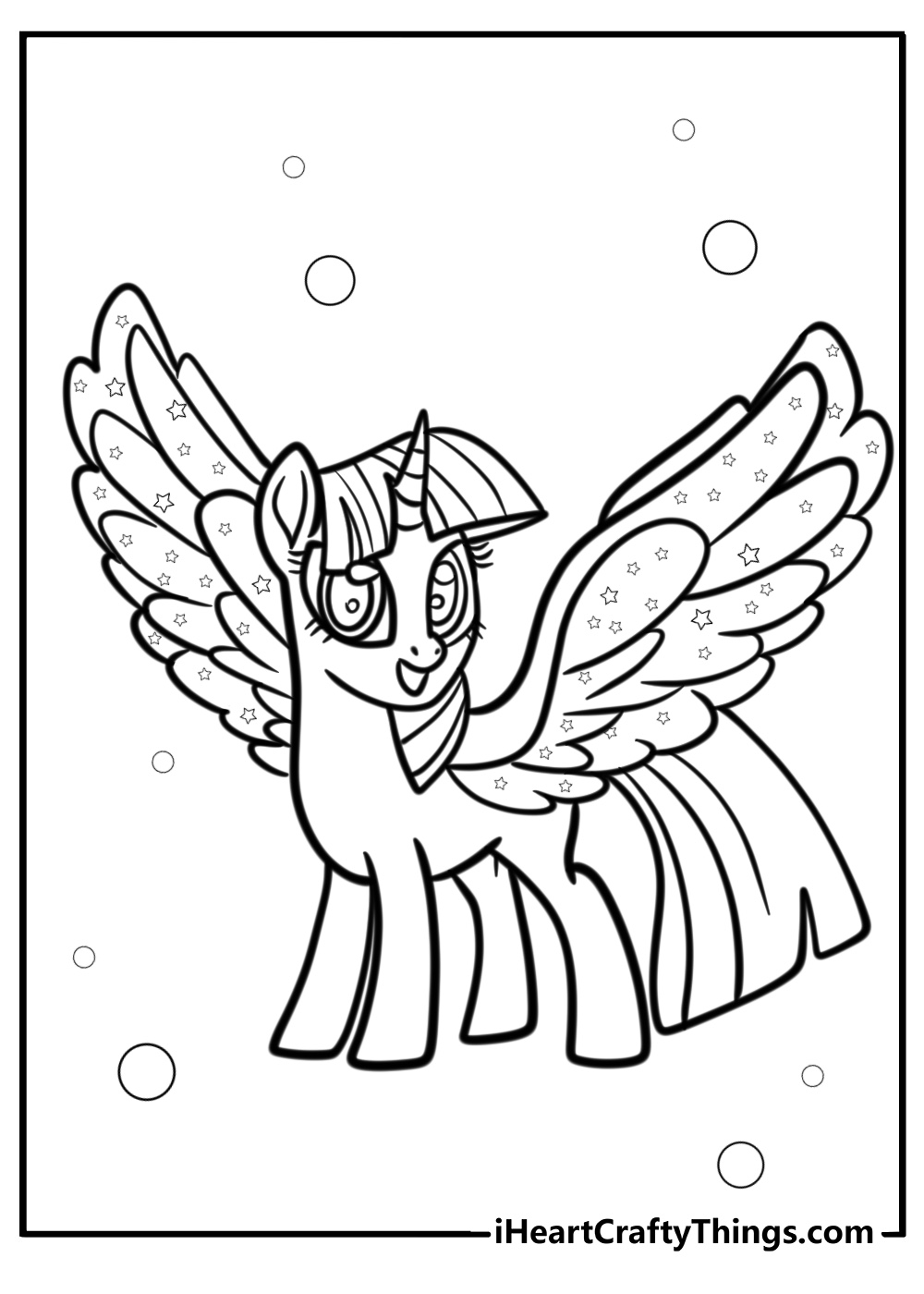 Alicorn with glittery wings and stars coloring sheet