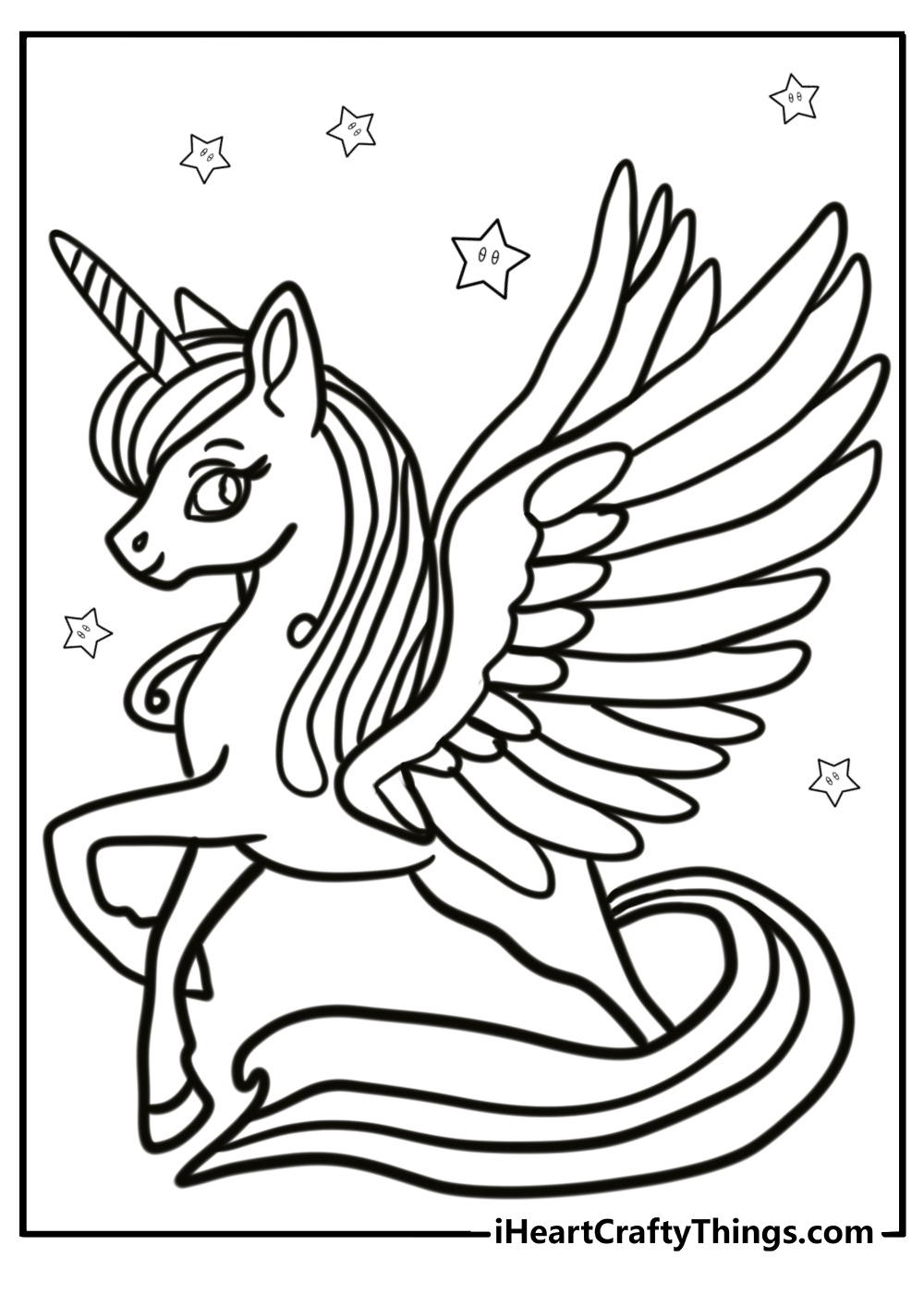 Alicorn with shimmering wings coloring sheet for kids