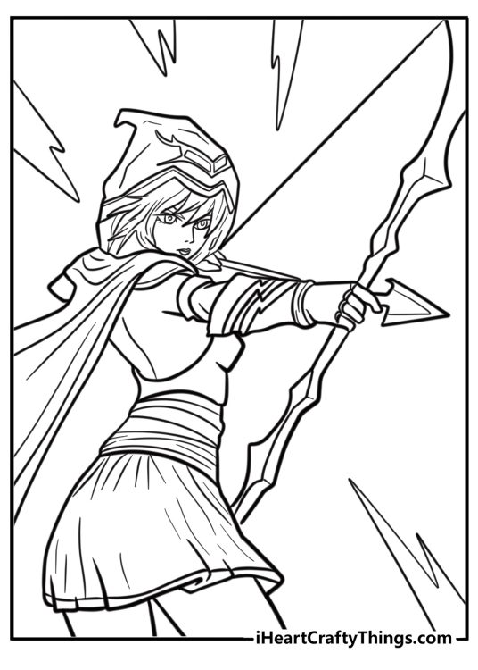 Ashe drawing her bow in a fun lol coloring page for kids
