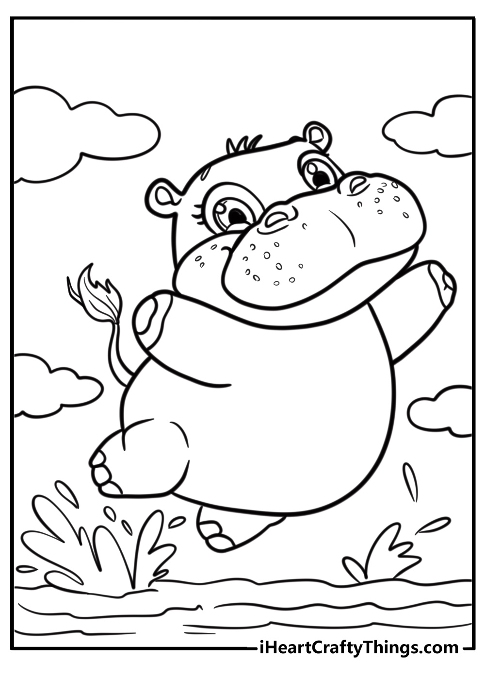 Baby hippo playing in water free printable page