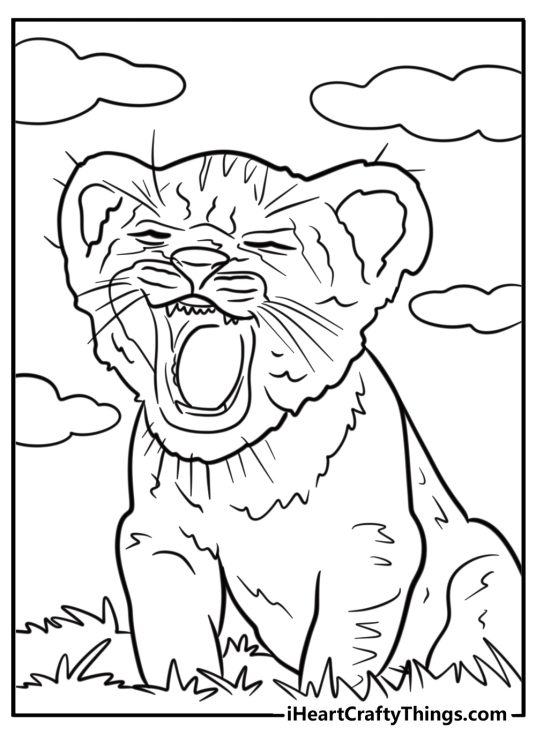 Baby lion roaring softly detailed page for kids
