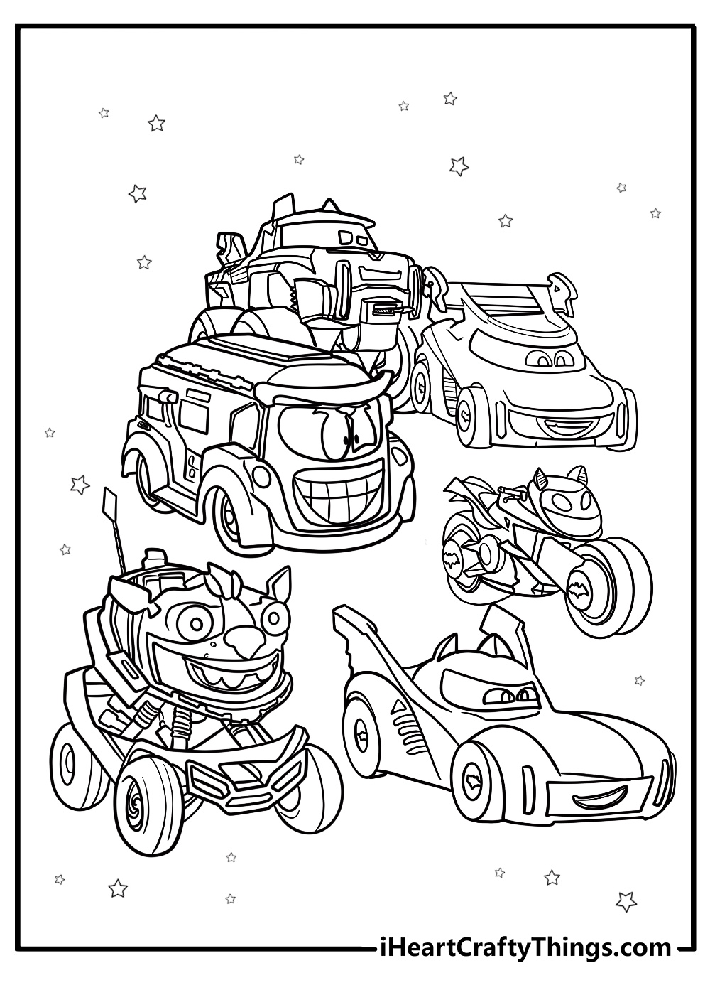 Batwheels characters lined up detailed coloring sheet