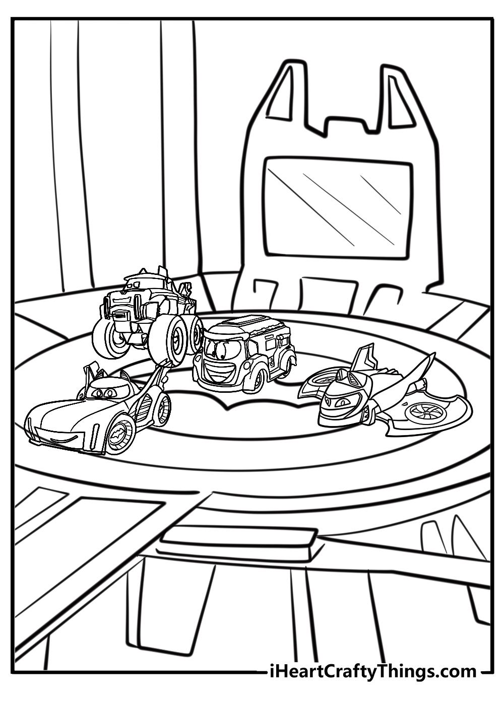 Batwheels gang in the batcave free printable coloring page