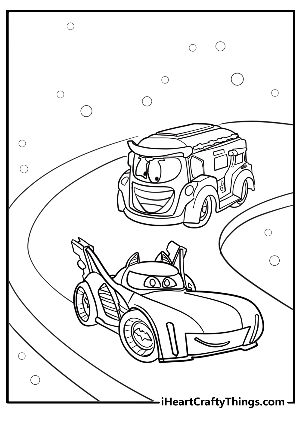 Batwheels jokercar chasing batmobile detailed coloring sheet