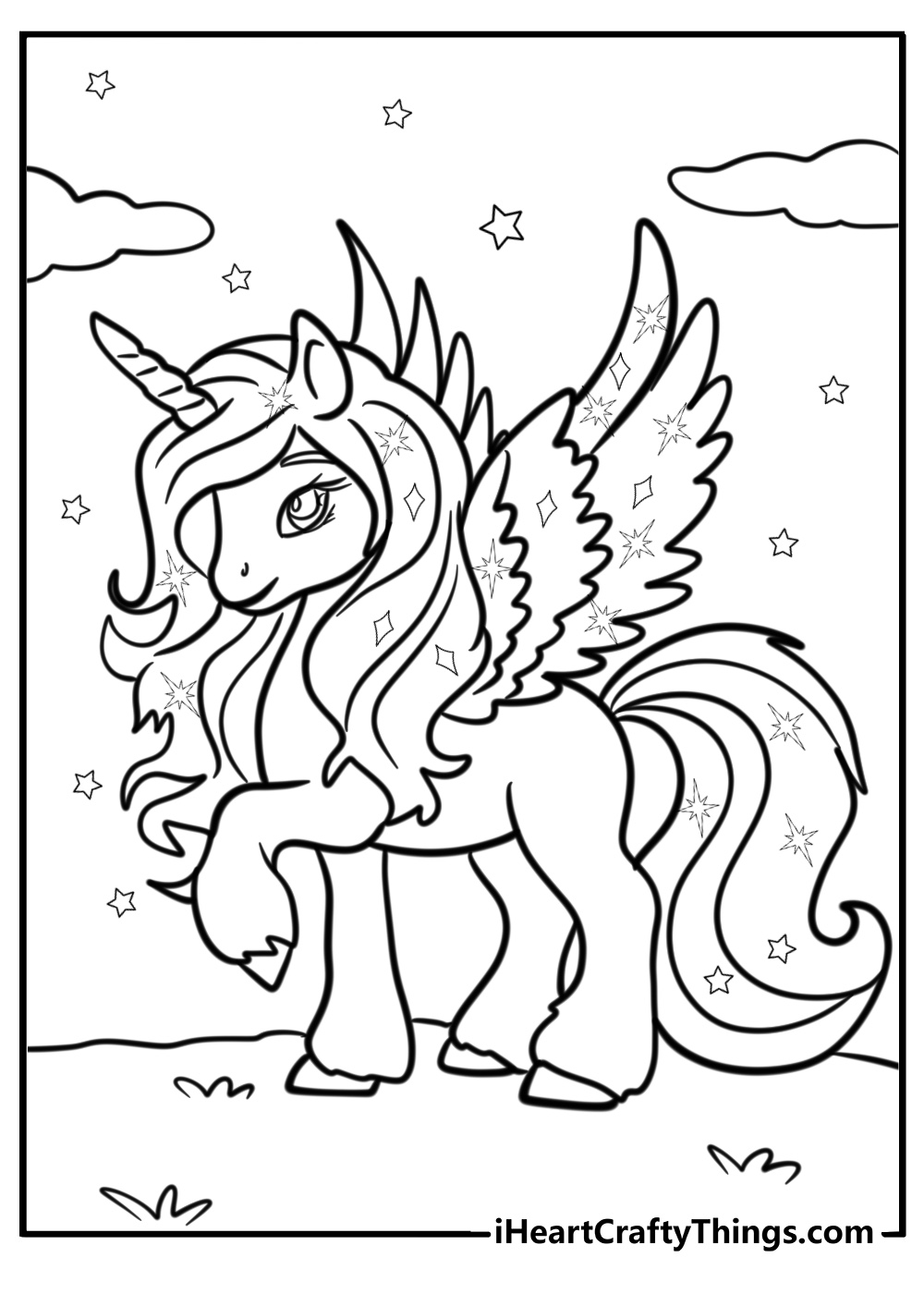 Beautiful alicorn with a glowing mane coloring page