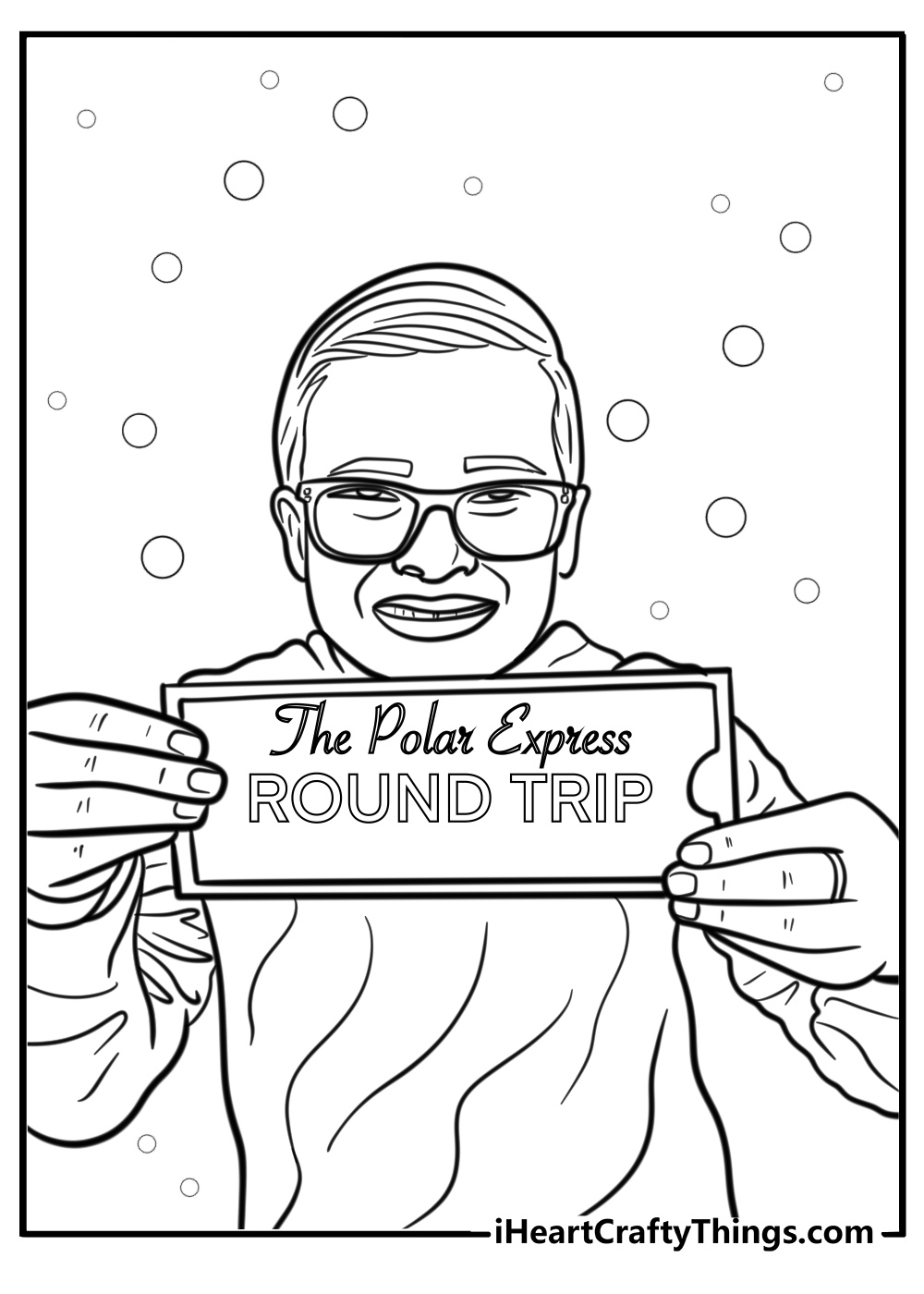 Boy holding a golden ticket from the Polar Express coloring sheet