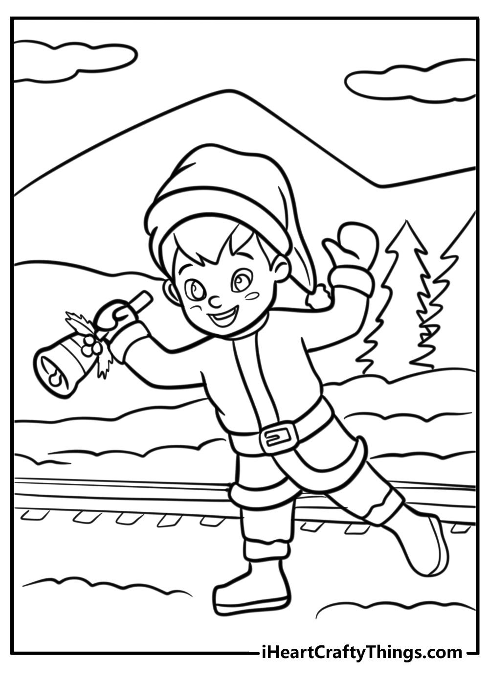 Boy holding the sleigh bell from Santa coloring page for kids