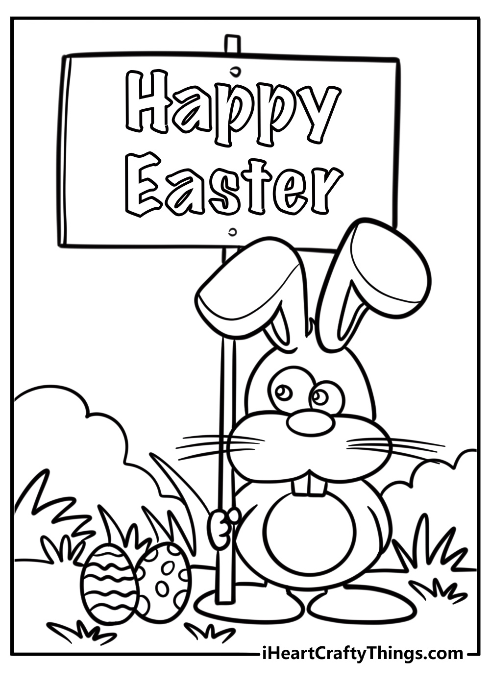 Bunny with a happy easter banner and tulips coloring page