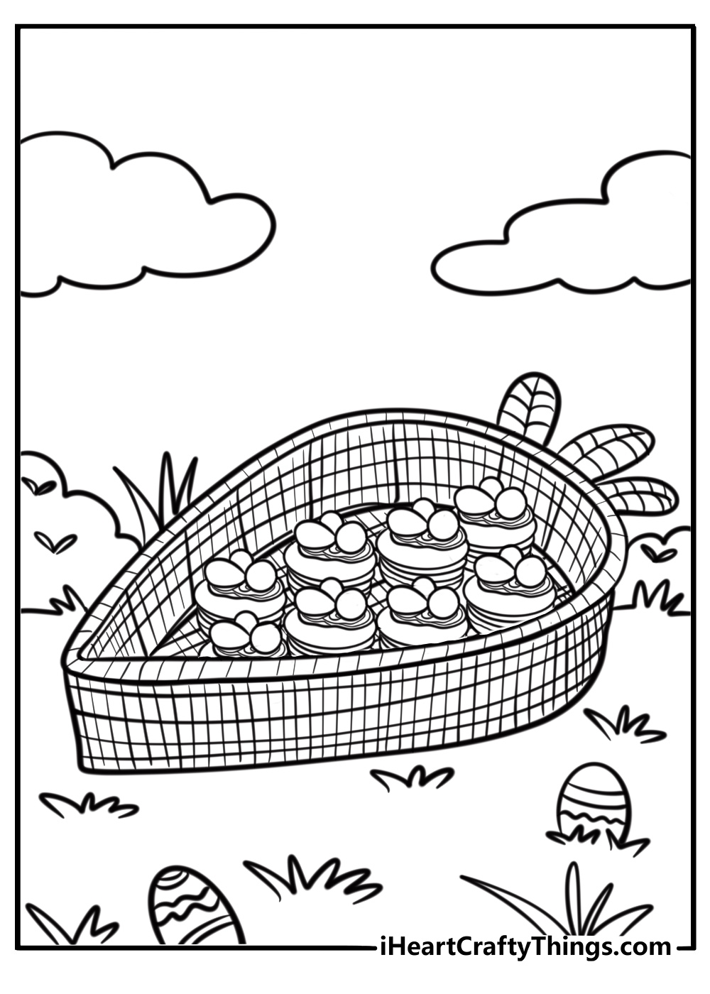 Carrot-shaped easter basket filled with treats coloring page