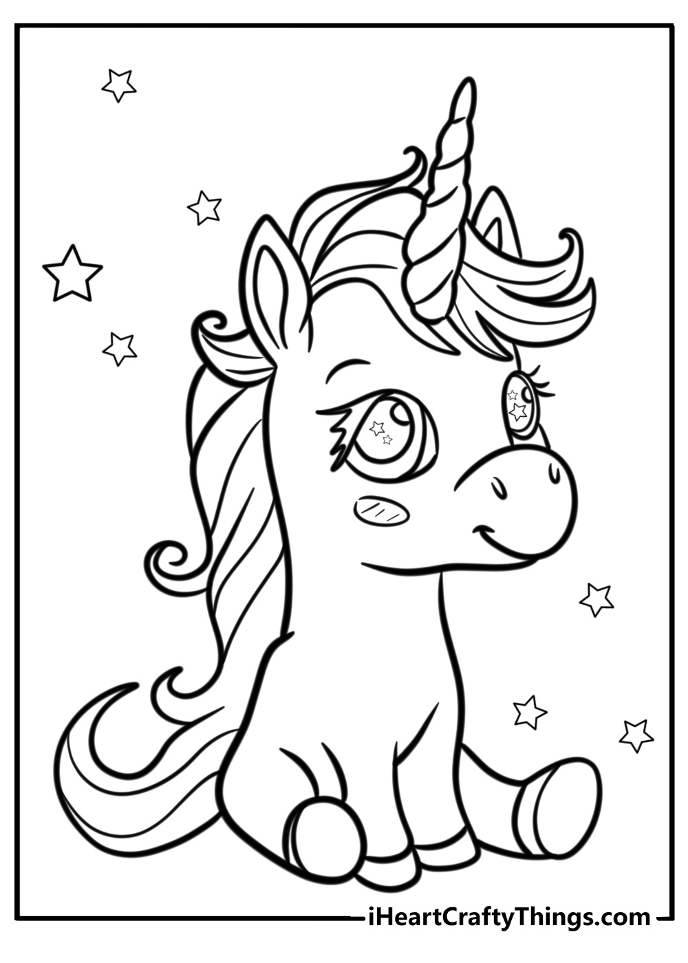 Cartoon alicorn with big sparkling eyes fun coloring sheet