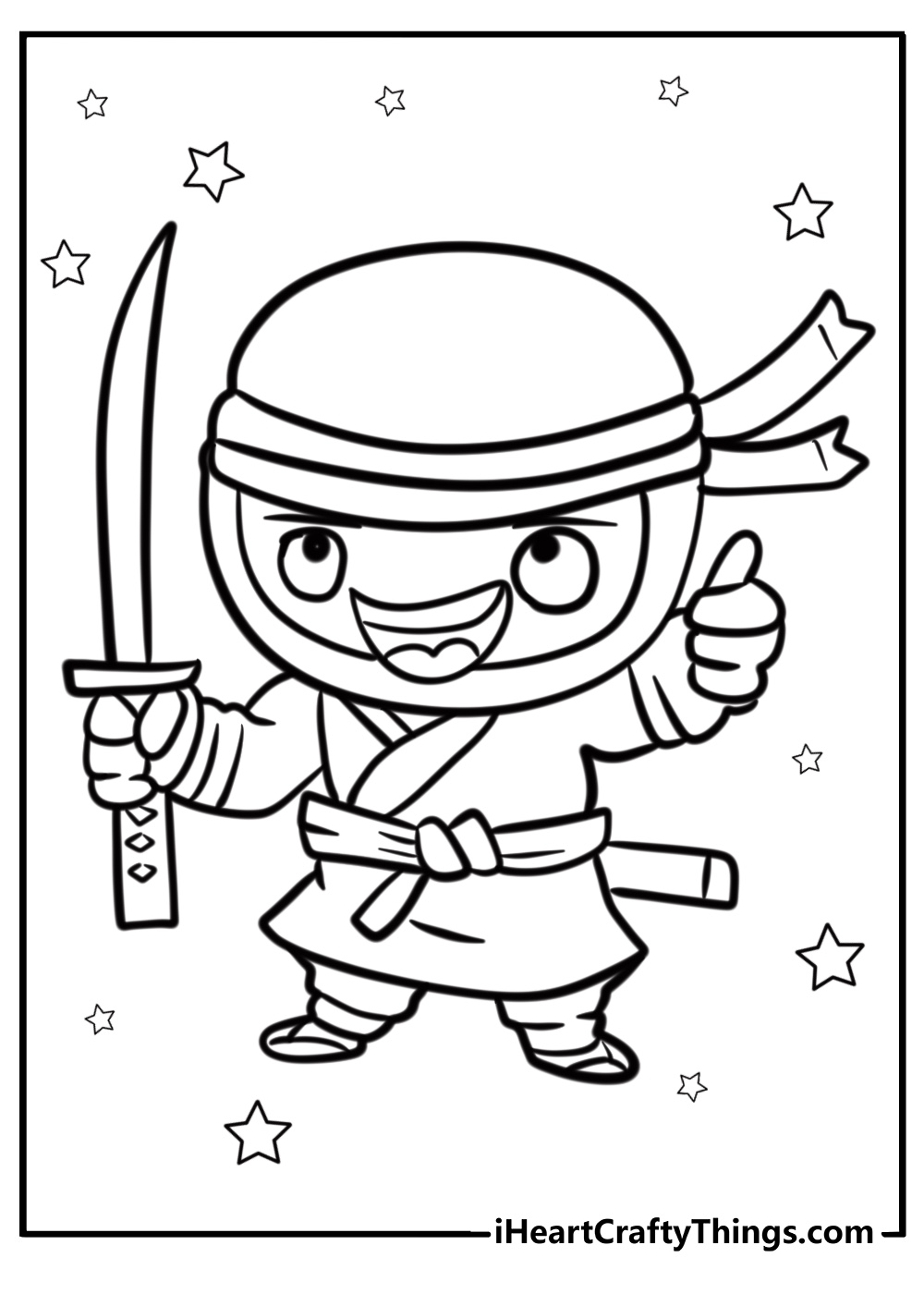 Cartoon ninja with a wide smile coloring page for kids