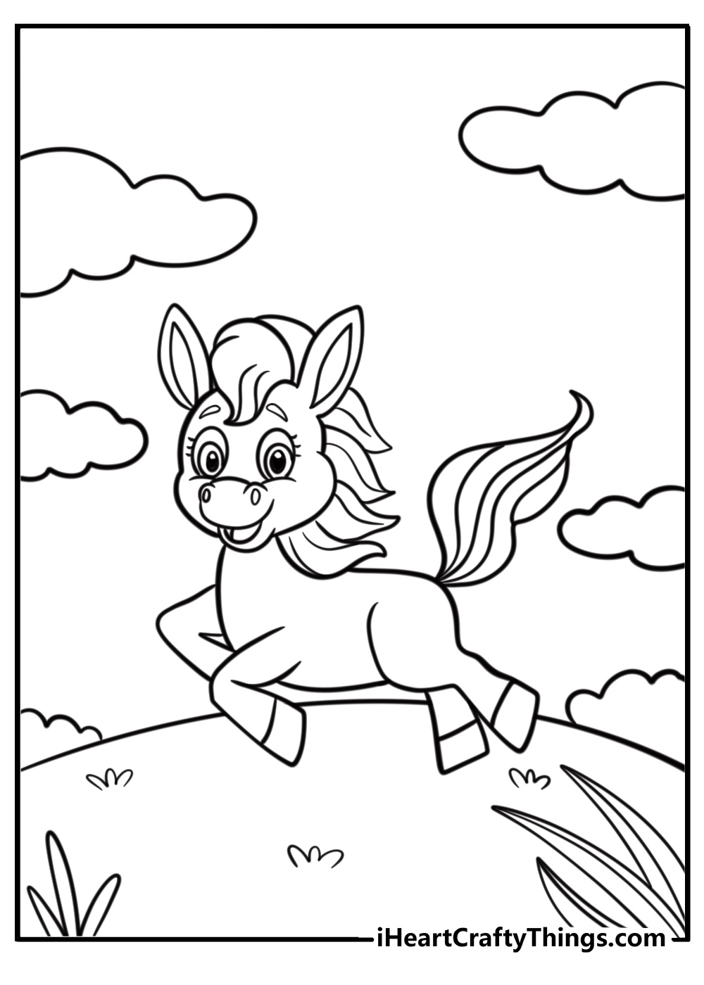 Cartoon pony running in a field fun coloring for kids