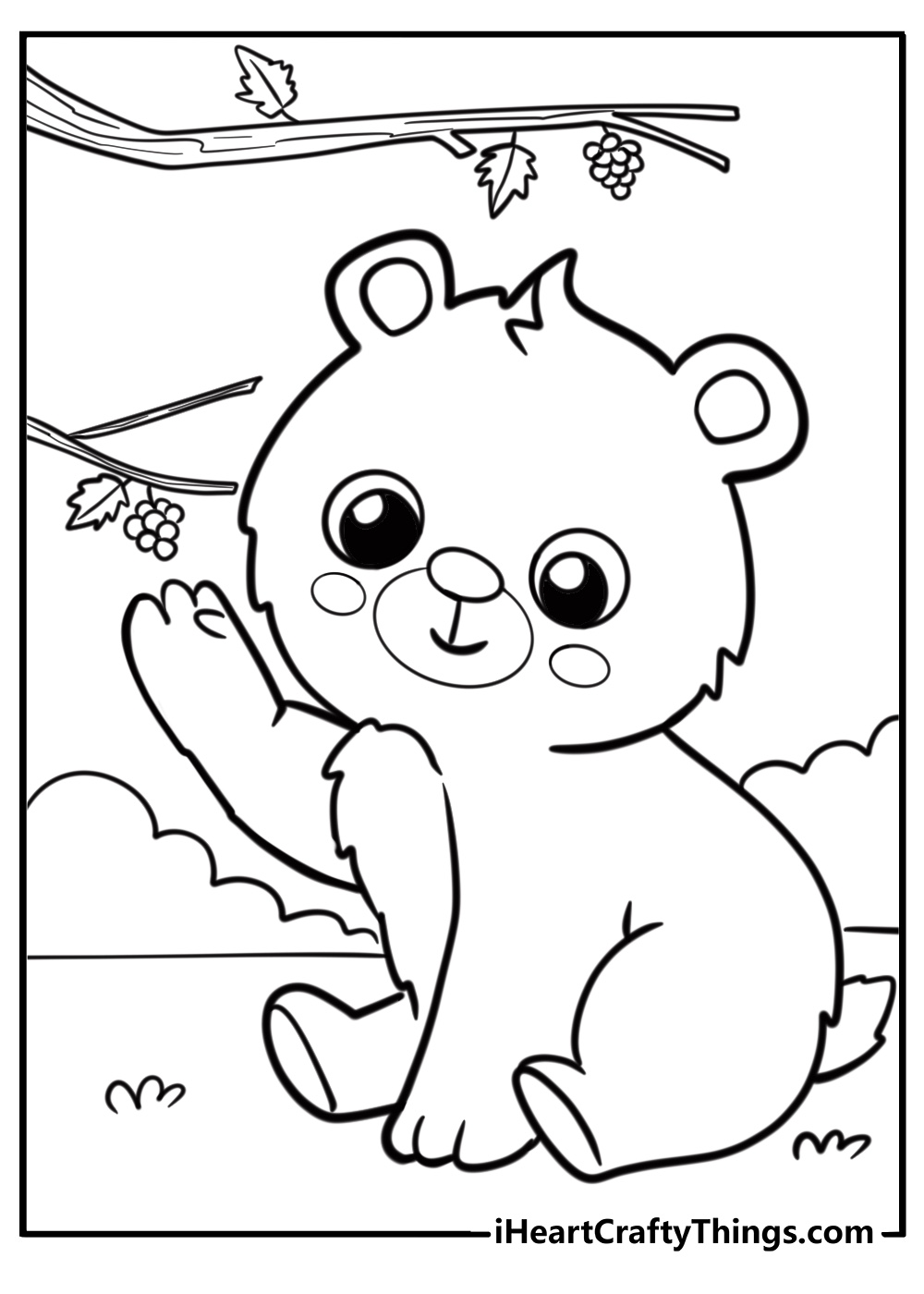 Charming bear cub picking berries free coloring page