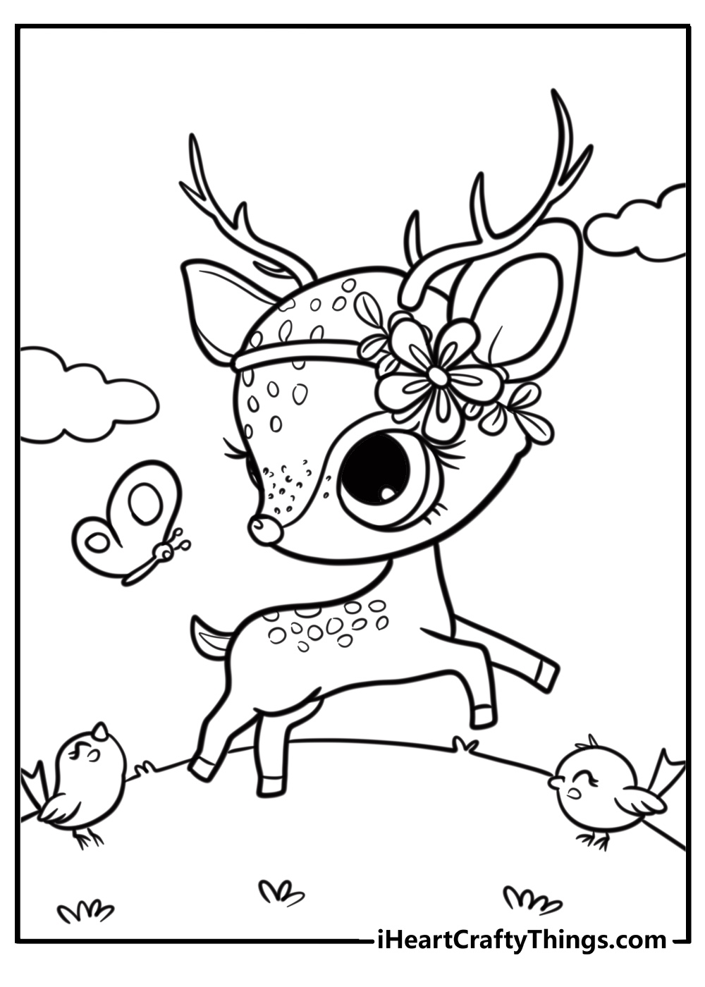 Charming deer with flowers on its head fun coloring page