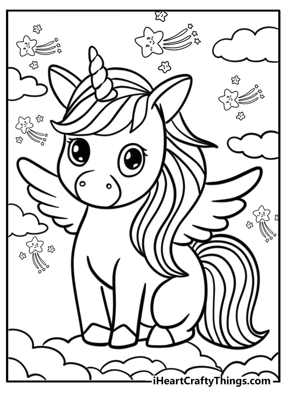 Cheerful unicorn with a rainbow mane fun pdf to color