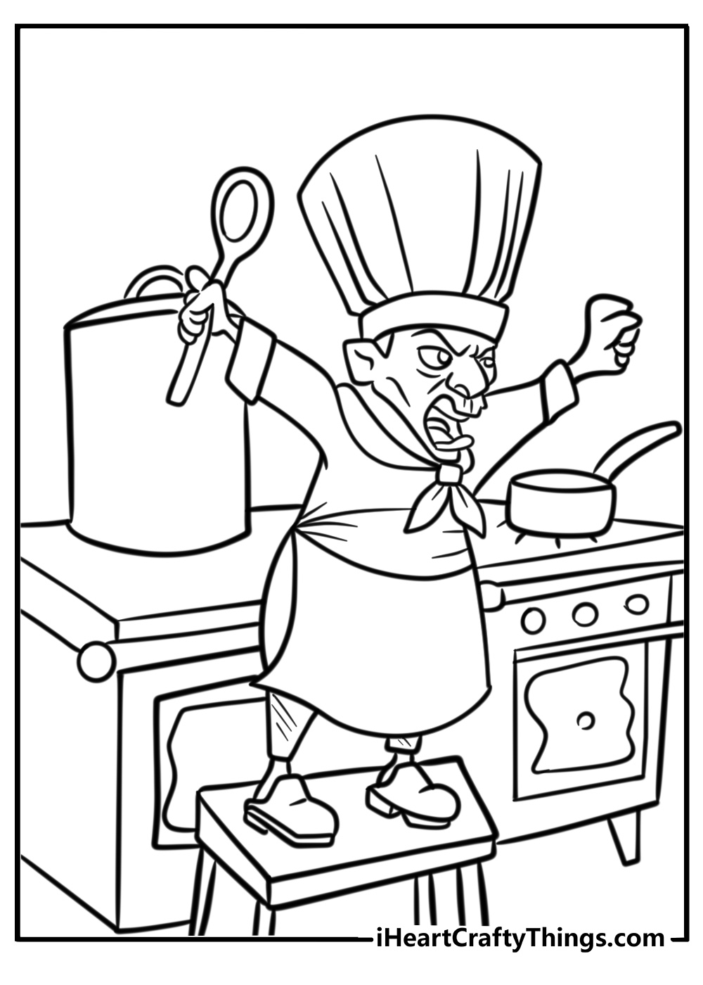 Chef skinner yelling in the kitchen coloring page for kids