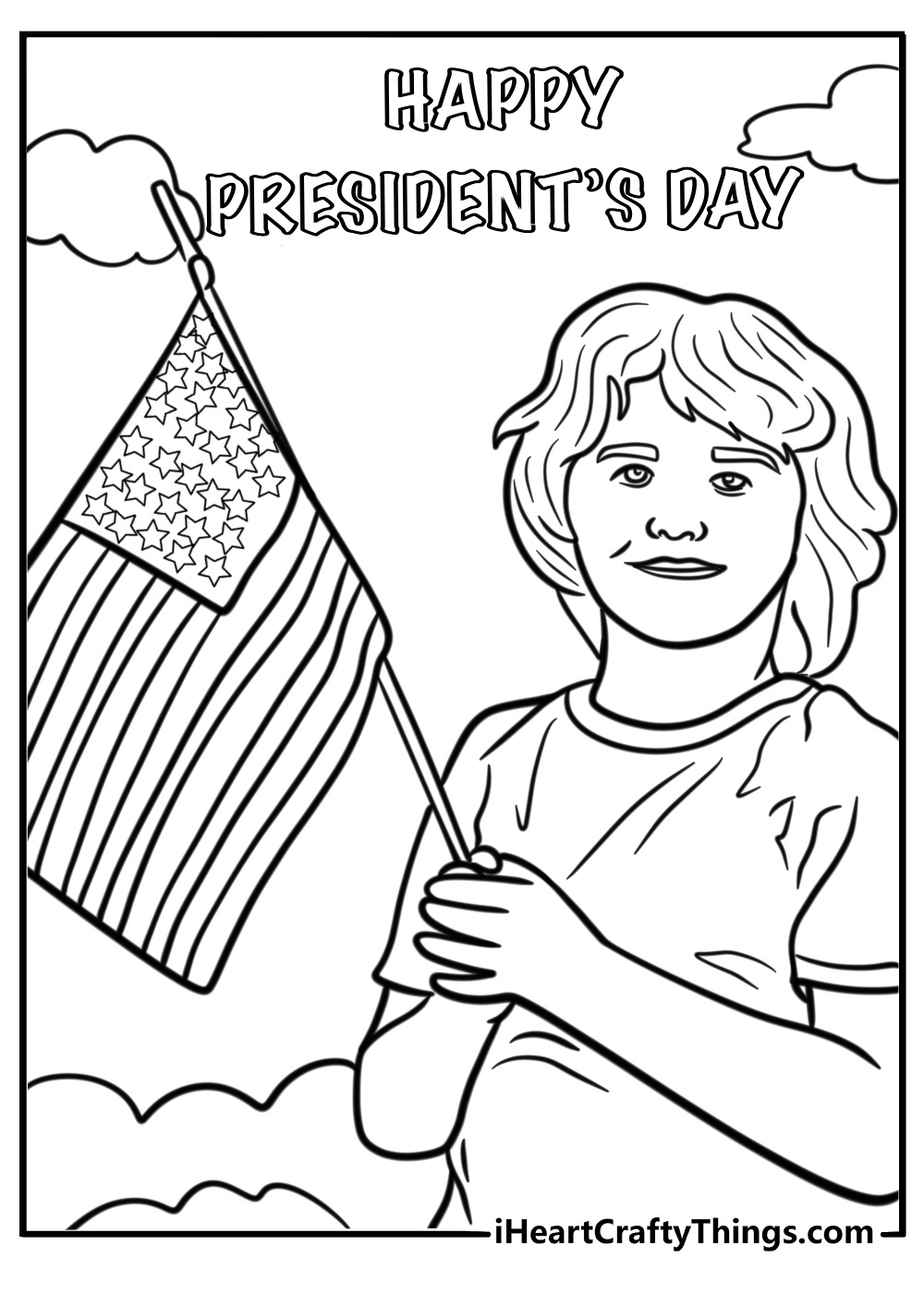 Children holding flags on presidents day coloring page