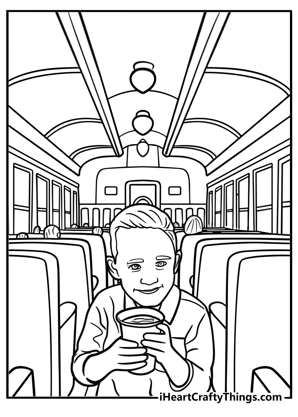 Children holding hot chocolate on the Polar Express fun coloring sheet