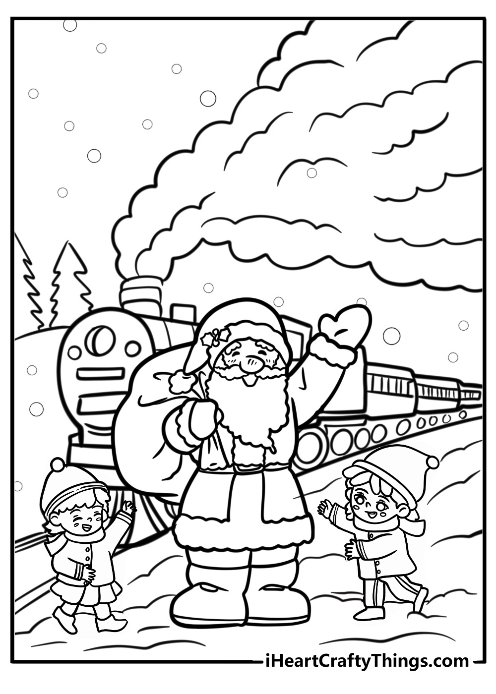 Children meeting Santa on the Polar Express free coloring page pdf