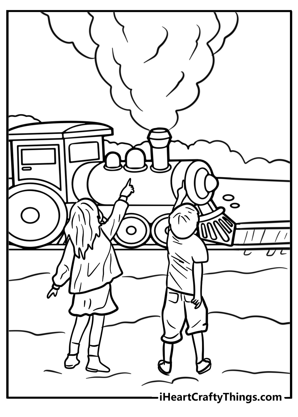 Children standing next to the polar express fun printable coloring sheet