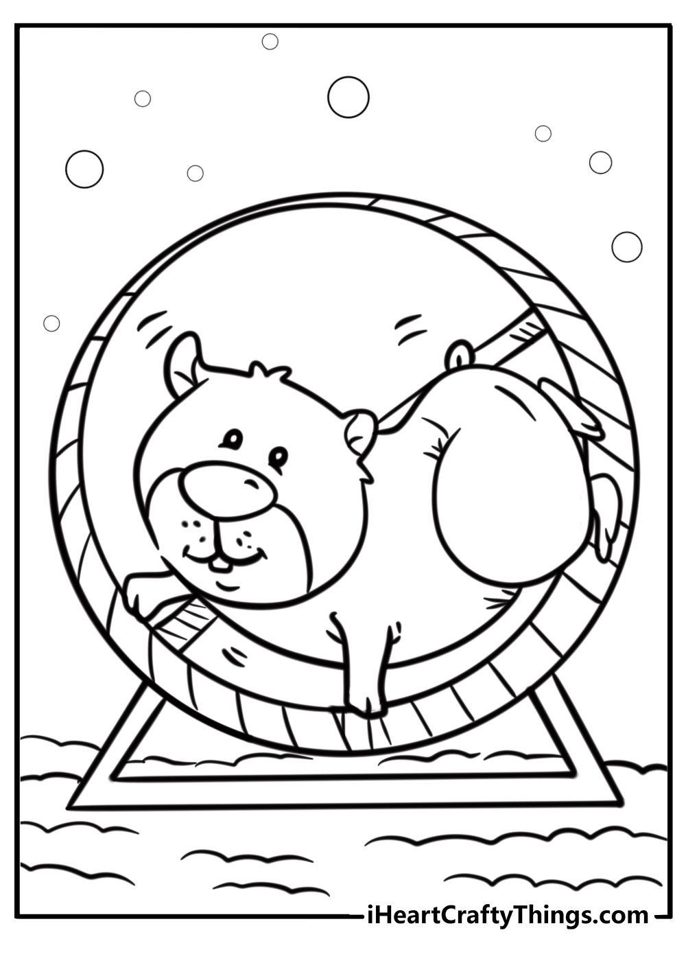 Chubby hamster on a wheel fun coloring pdf for kids