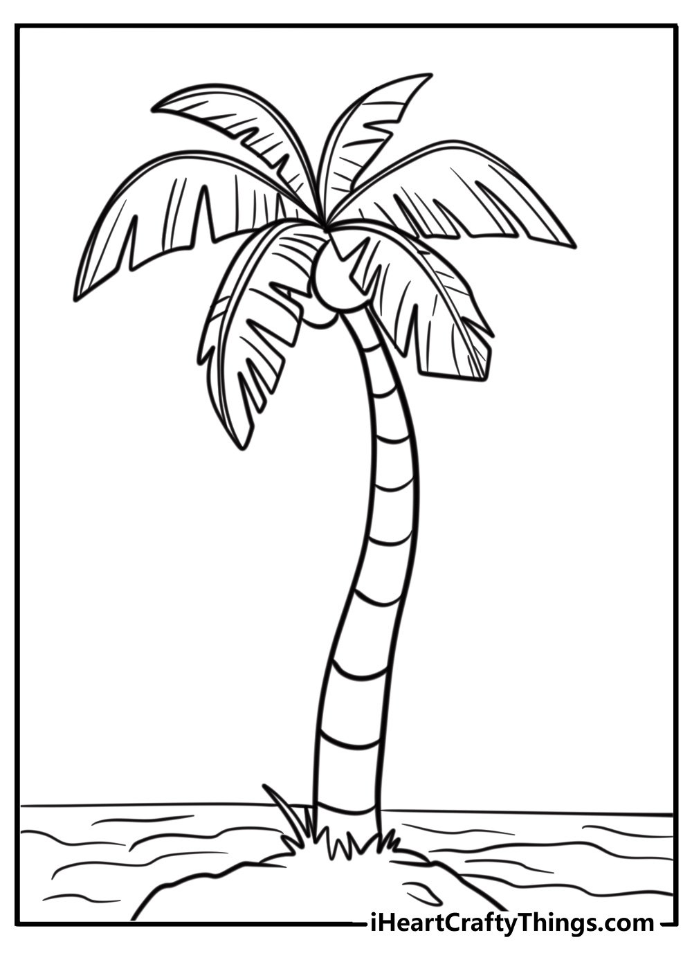 Coconut tree by the water free printable coloring page