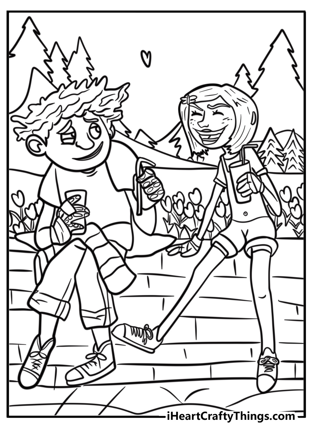 Coraline and Wybie in the garden fun coloring sheet