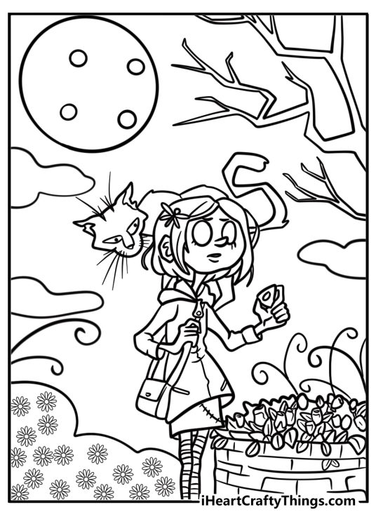 Coraline and her cat exploring the other world coloring sheet