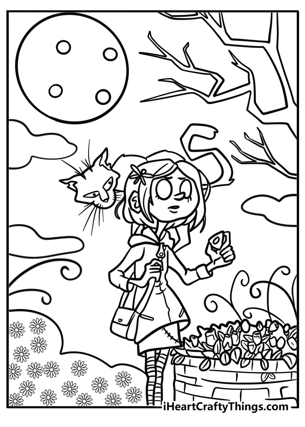 Coraline and her cat exploring the other world coloring sheet