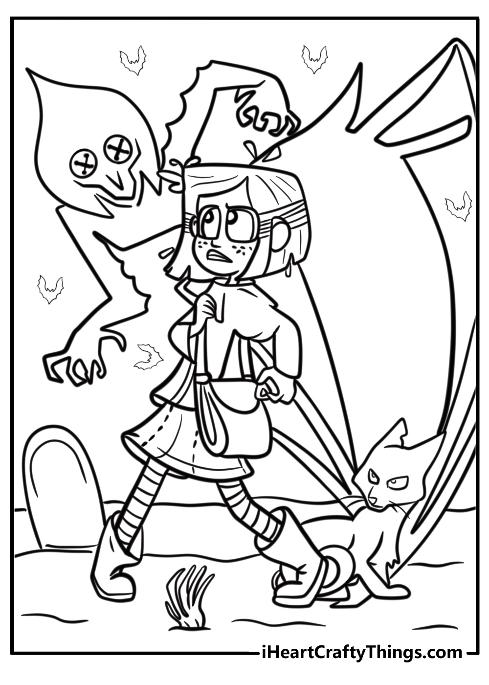 Coraline and her cat in a spooky scene detailed coloring sheet