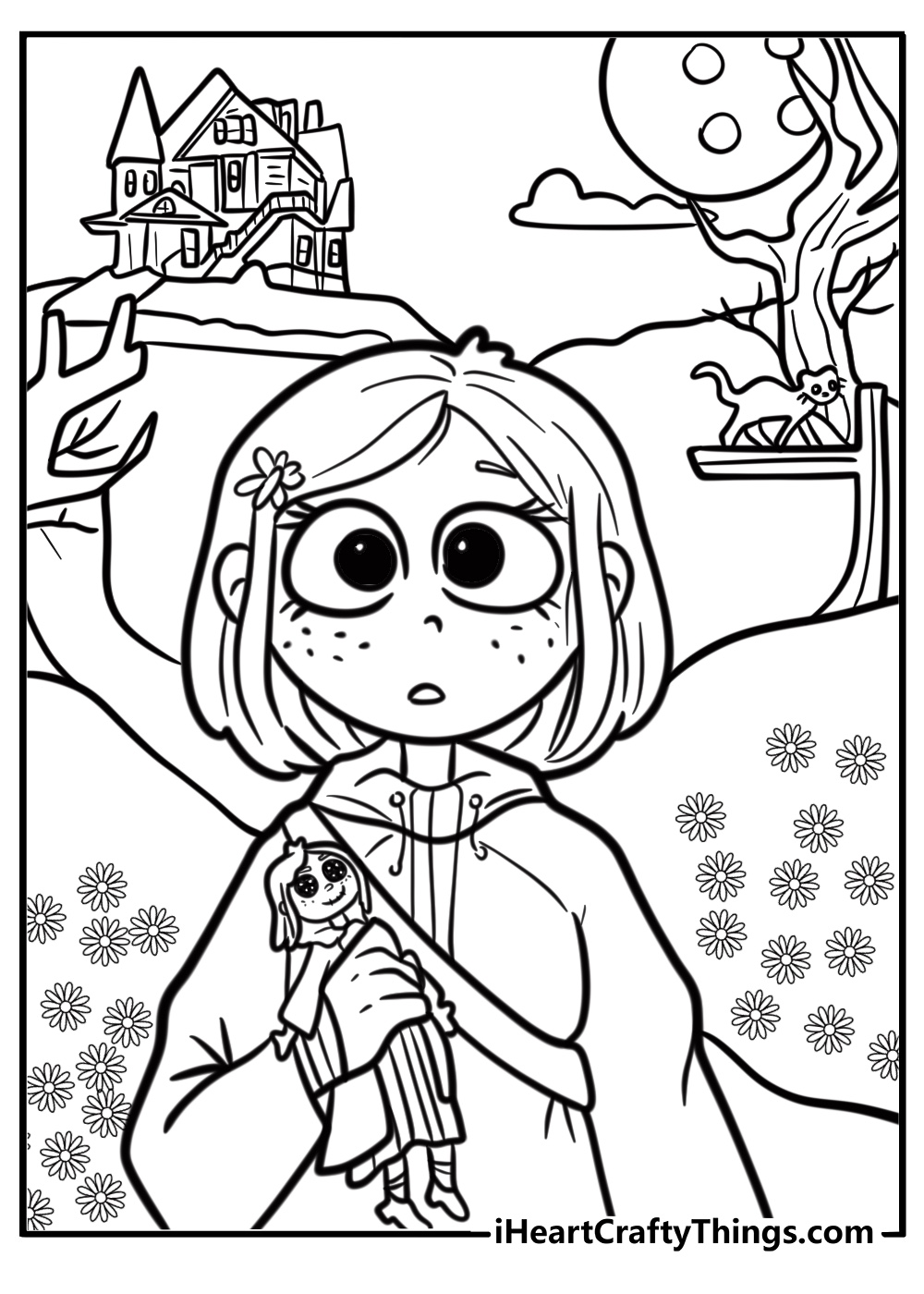 Coraline exploring the garden fun printable coloring sheet