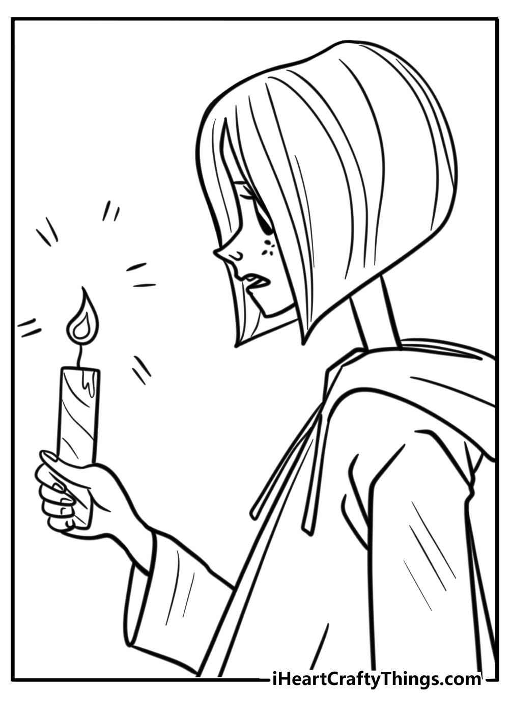 Coraline holding a candle in the dark printable coloring page